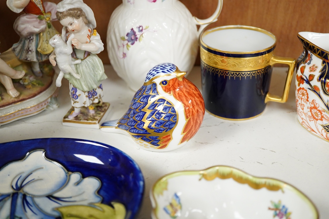 Assorted porcelain to include a Moorcroft oval dish - 23cm long, a collection of Royal Crown Derby teaware and a Robin paper weight, two Herend dishes etc